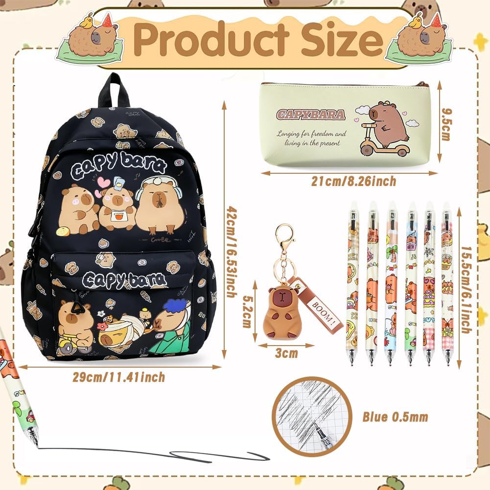 Capybara Rucksack Set - Schulrucksack Grosse Kapazität mit Capybara Federmäppchen, Stiften & Schlüss