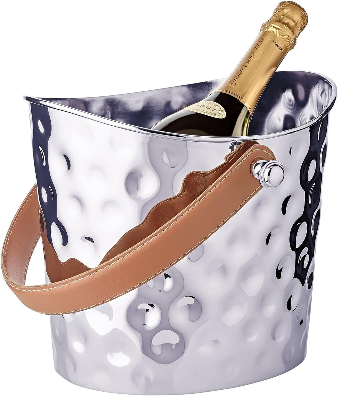 EDZARD Eiseimer Gilbert (B 28 cm, H 23 cm), Edelstahl gehämmert, glänzend vernickelt, mit braunem Le