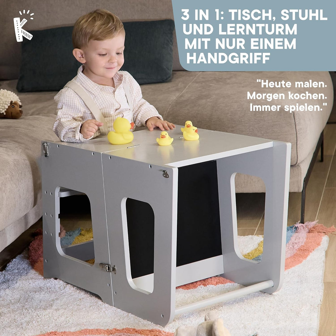 Montessori Lernturm ab 1 Jahr Klappbar Gross– 2-in-1 Premium Learning Tower & Tisch – Lernturm klapp