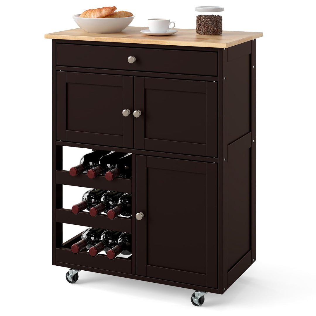 KOMFOTTEU Küchenwagen auf Rollen, Kücheninsel mit Weinregal & 2 Schränke & Schublade, Servierwagen a