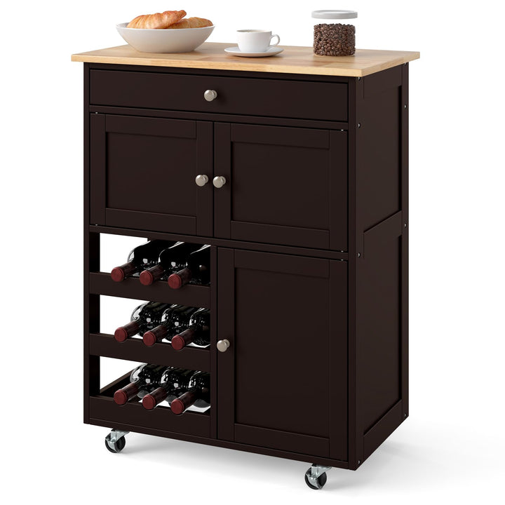 KOMFOTTEU Küchenwagen auf Rollen, Kücheninsel mit Weinregal & 2 Schränke & Schublade, Servierwagen a