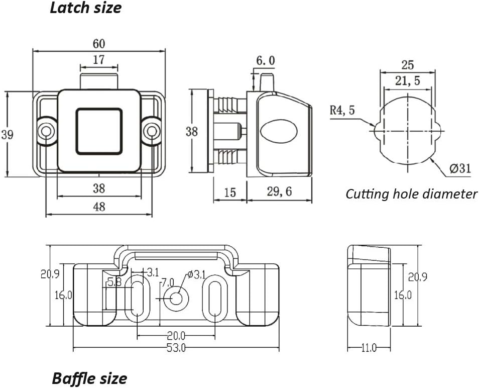 PUROCEAN Metall-Druckknopf-Verriegelung, quadratisch, für Wohnmobile, Chrom, 6 Stück Chrome, Chrome
