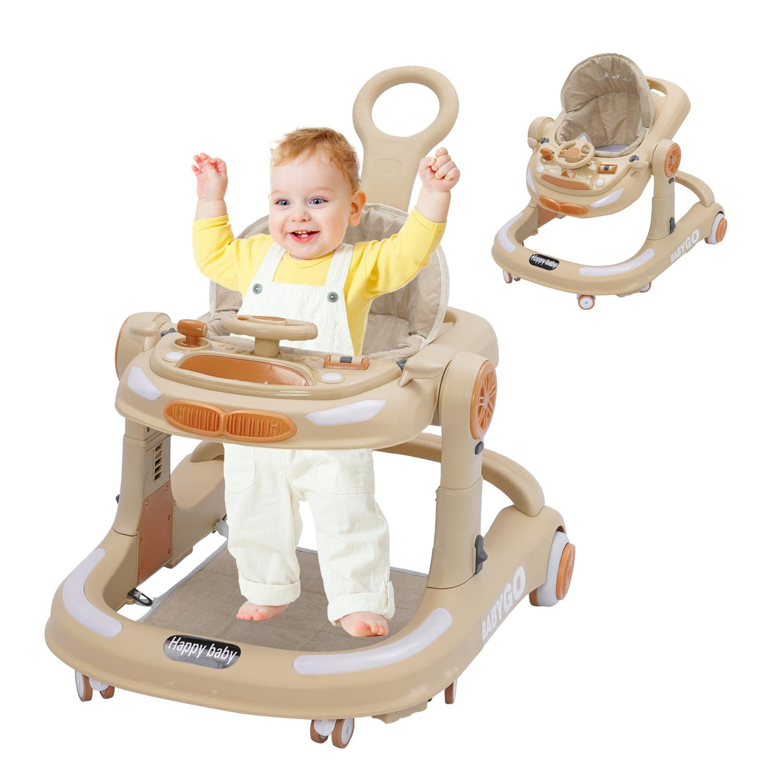 4 in 1 Lauflernhilfe, Baby Walker Höhenverstellbar, Gehhilfe mit Esstablett, Spielcenter, Bodenmatte