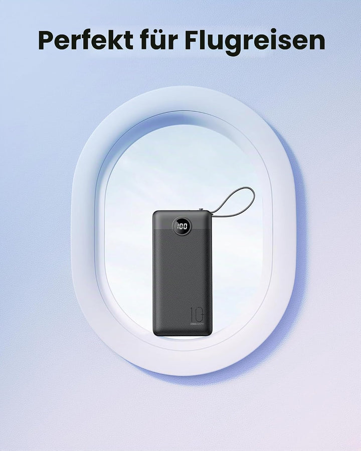 Power Bank mit Ladekabel, 10000mAh Tragbares Ladegerät USB C, 5 Ausgänge 2 Eingänge LED Display Exte