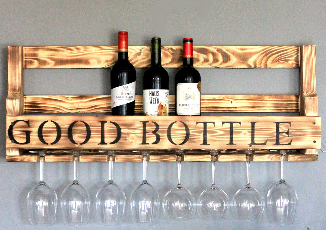 Weinregal aus Holz für die Wand - mit Gläserhalter und Good Bottle Schriftzug - Farbe: Geflammt - fe