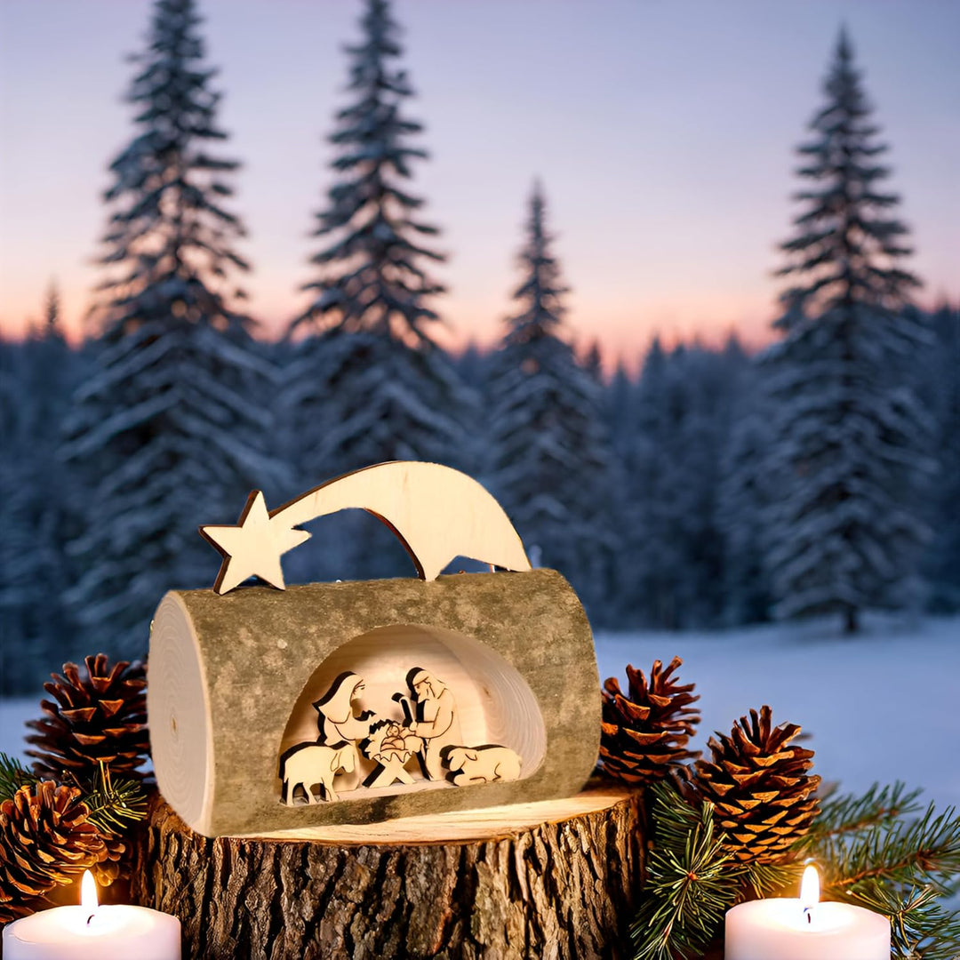Kaltner Präsente Geschenkidee - Weihnachten Krippe aus Holz mit Jesus, Maria und Kind in einem Baums