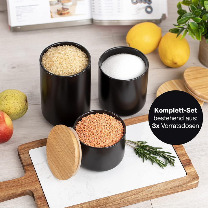 Moritz & Moritz 3 Vorratsdosen Schwarz 400-900 ml - Beschreibbar – 3x Dose Keramik mit Deckel aus Ba
