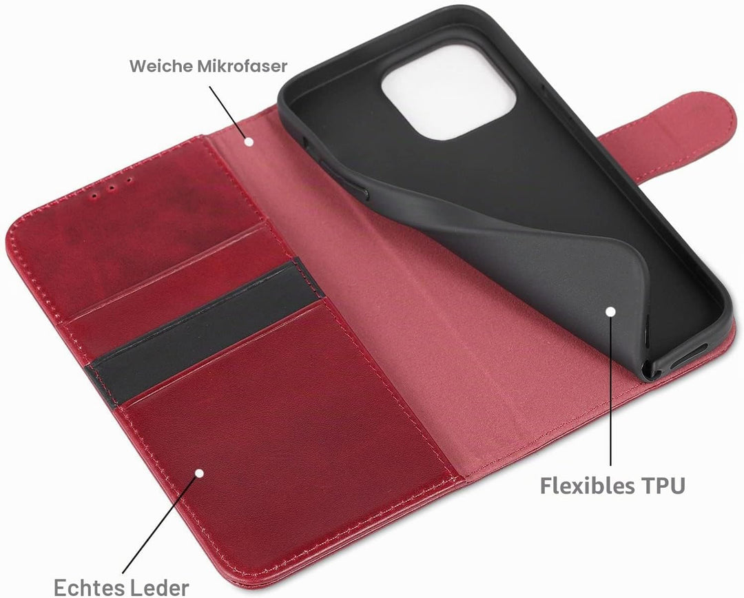 LENSUN Echtleder Hülle für iPhone 14 Pro Max, Handyhülle Echtes Leder [Magnetverschluss][RFID Schutz