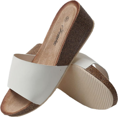 JOMIX Sommer Pantoletten Damen Leder Keilabsatz Sandalen Bequeme Kork Fussbett Meer Strand Outdoor 3