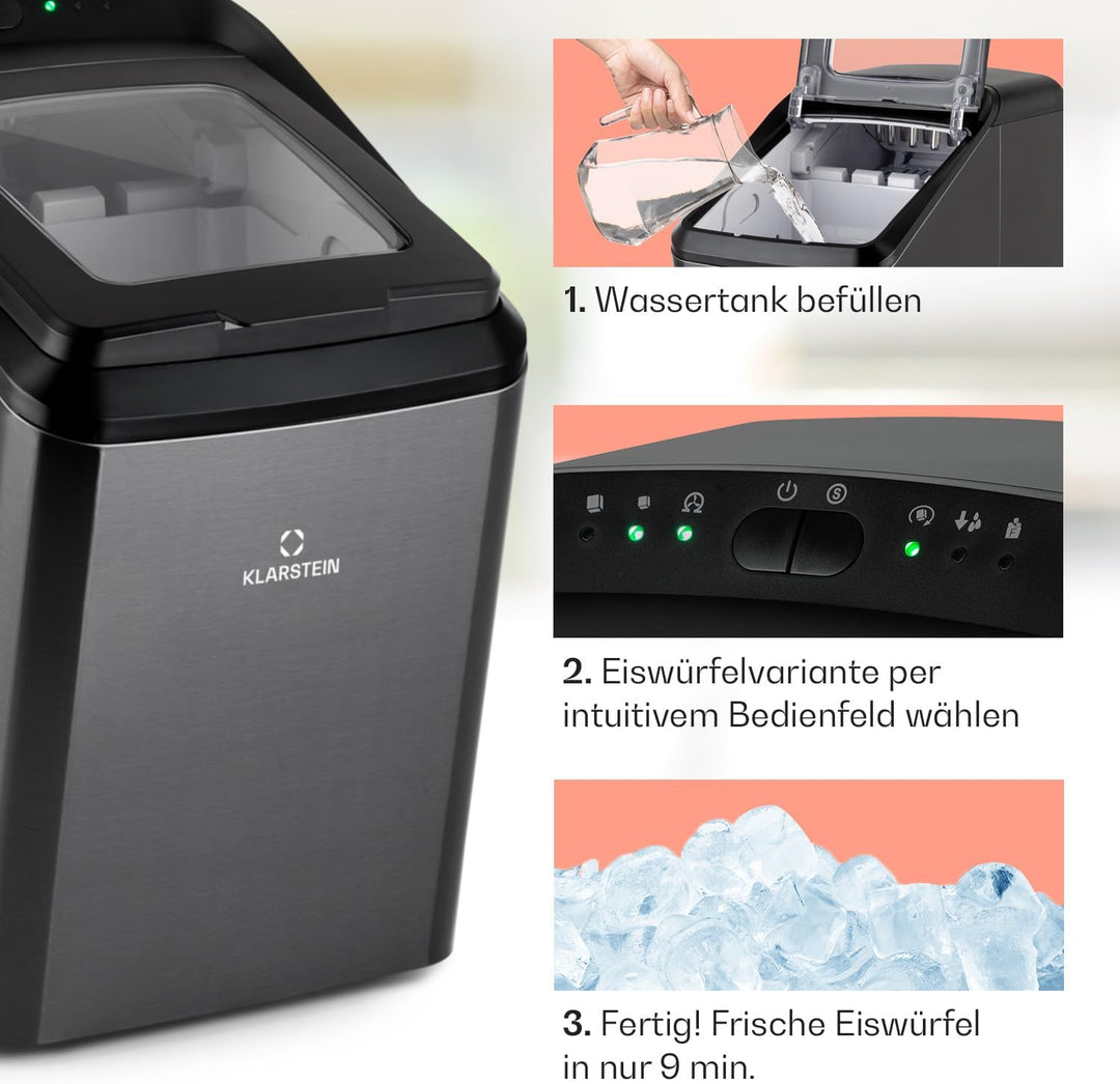 Klarstein Partytime Eiswürfelmaschine - 15kg/24h, 2 Eiswürfelgrössen: S &amp; L, Produktionszeit in 7 Mi