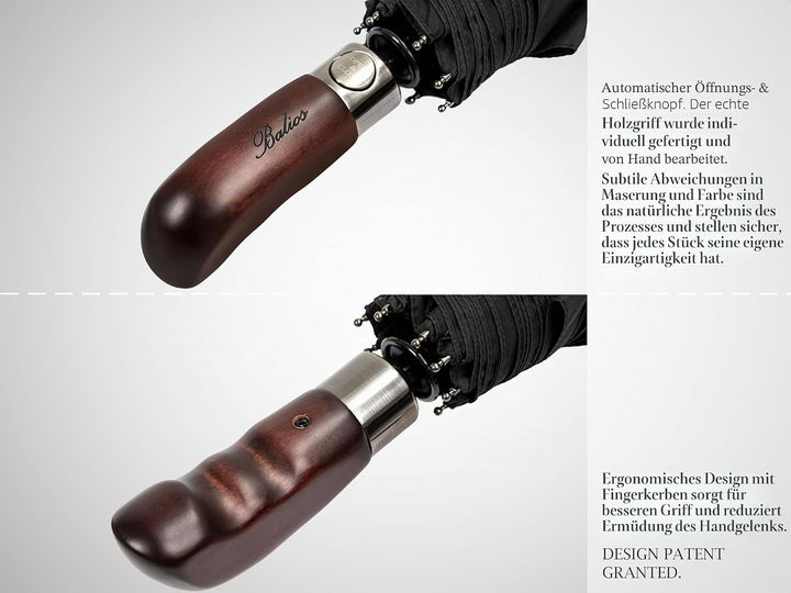 Balios® Regenschirm Mit Echtem Holzgriff -Optional | Auf Zu Automatik | Sturmfest & Windsicher | Tas
