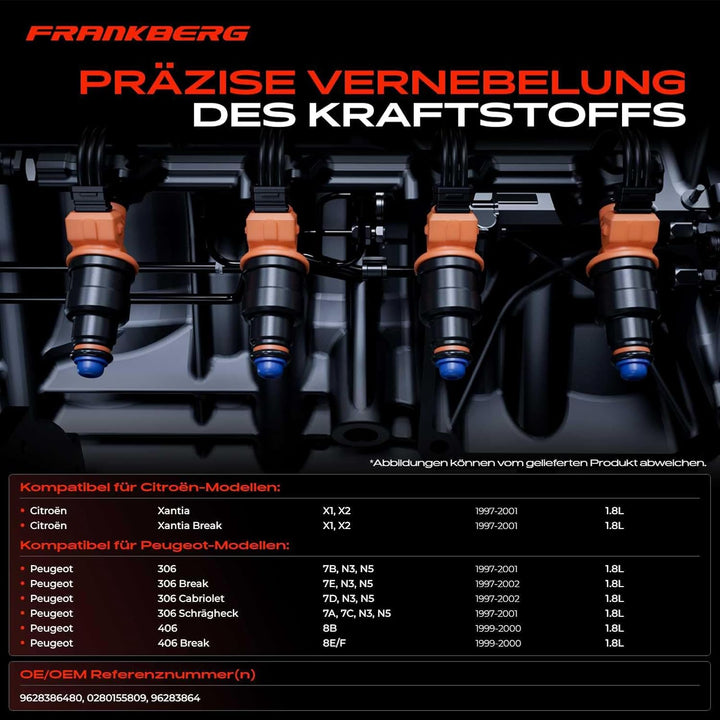 Frankberg 4x Einspritzventil Einspritzdüse Injektor Kompatibel mit Xantia 1997-2003 306 1997-2002 40