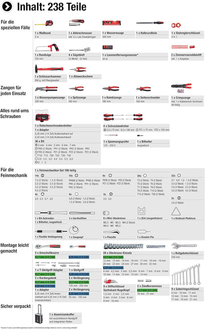 Meister Werkzeugtrolley 238-teilig - Werkzeug-Set - Teleskophandgriff / Profi Werkzeugkoffer befüllt