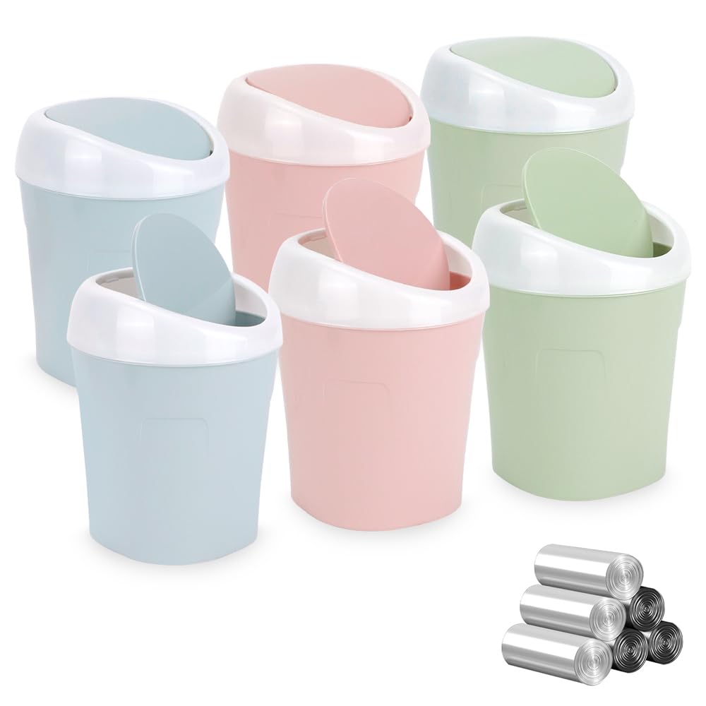 6 Stücke Mini Mülleimer, QLFJ-FurDec Tischmülleimer mit Schwingdeckel mit 12 Rollen Müllsäcke, Kompa