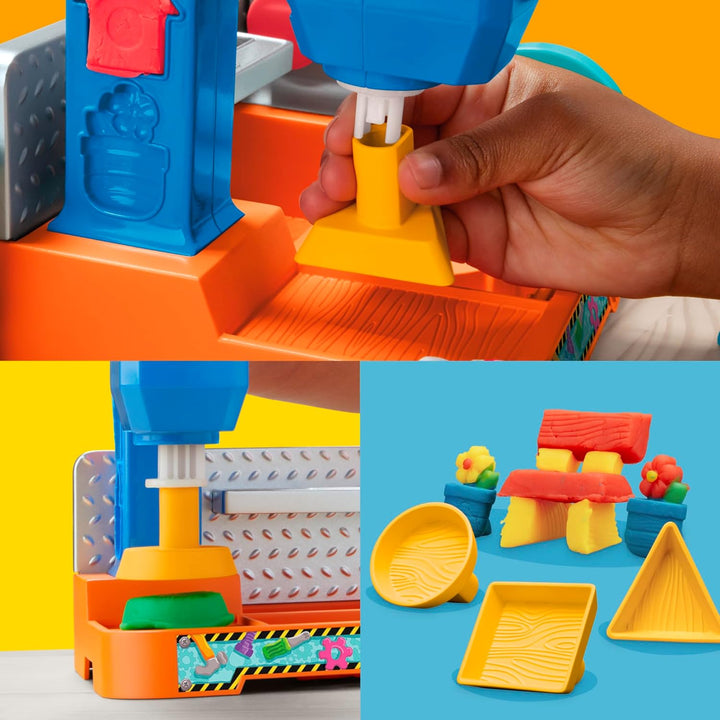 Play-Doh Werkbank Spielset, 5 x 56 g Dosen Modelliermasse in bunten Farben, mit Kreissäge-Spielzeug,