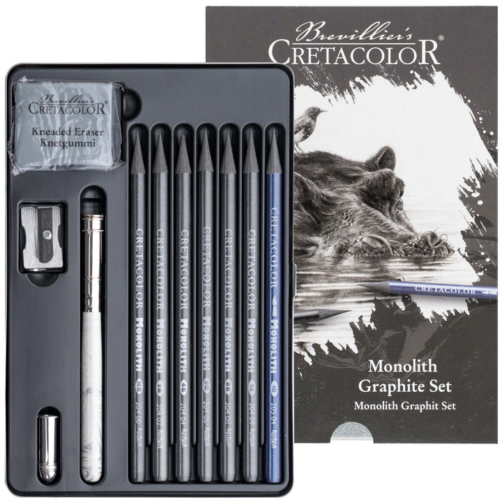 CRETACOLOR Monolith Graphit Set – Künstlerstifte aus Vollmine mit Zubehör – Zeichen-Set mit wasserve