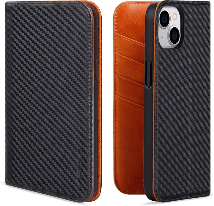 VISOUL iPhone 14 Plus Hülle, Handyhülle [100% Carbon Leder] [RFID Schutz] [Schützt vor Stoss] [Stand