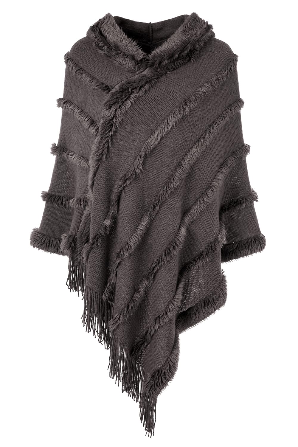 Ferand Poncho Damen mit Kapuze, Warmer Winterponcho, Gestreifte Cape Umhang mit Fransen Elegant, Gra