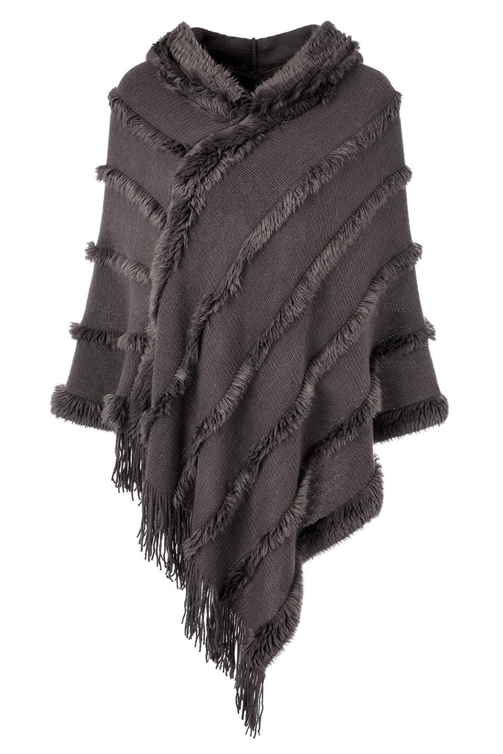 Ferand Poncho Damen mit Kapuze, Warmer Winterponcho, Gestreifte Cape Umhang mit Fransen Elegant, Gra