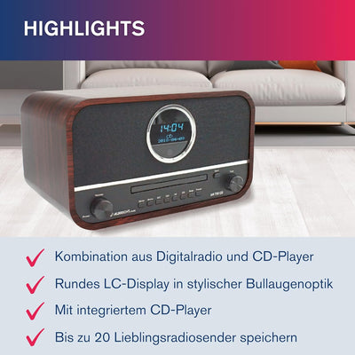 Albrecht DR790CD Digitalradio DAB+, 27790, multifunktional inkl. CD-Player und Bluetooth, Holzgehäus