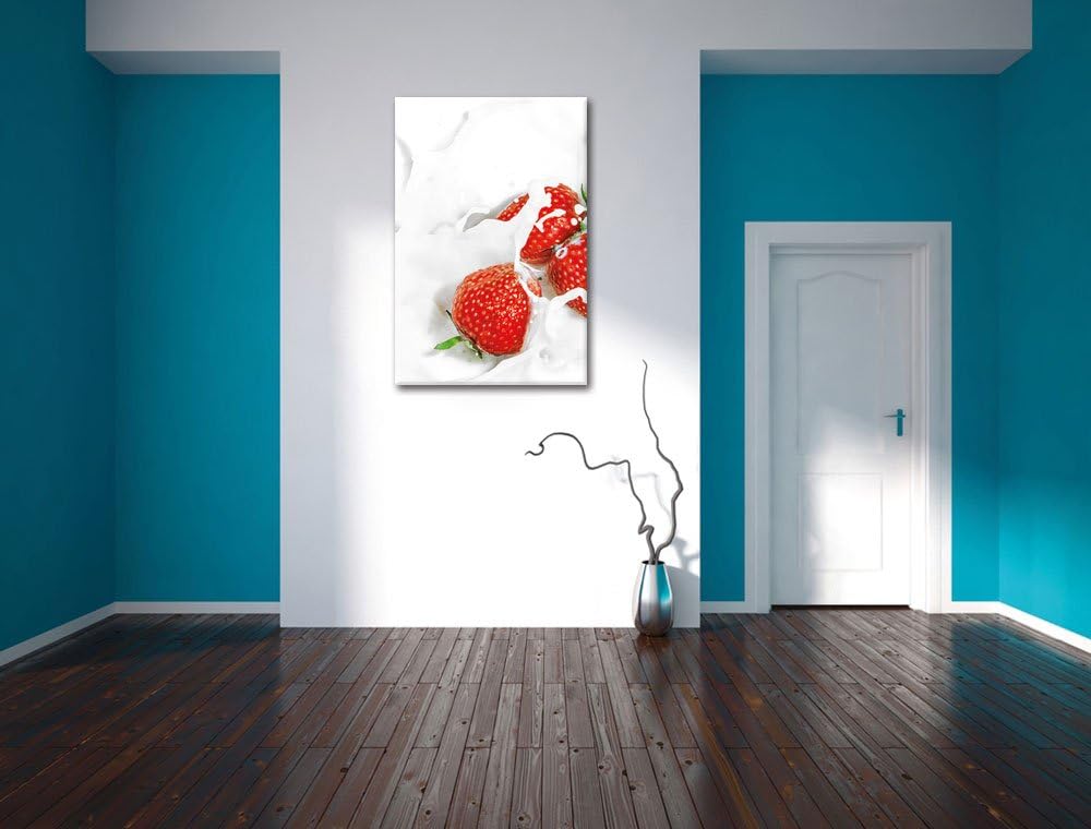 Pixxprint Erdbeeren Erdbeermilch als Leinwandbild/Grösse: 100x70 / Wandbild/Kunstdruck/fertig bespan