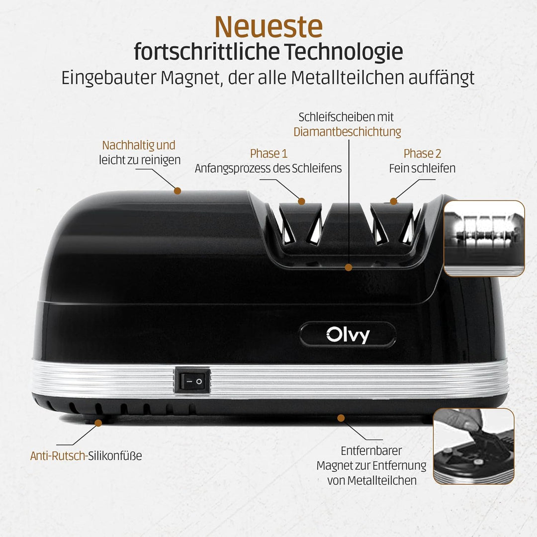 Olvy Elektrischer Messerschleifer, Profi-Diamant-Messerschärfer, Grob- und Feinschliff, Schnelle, Ra