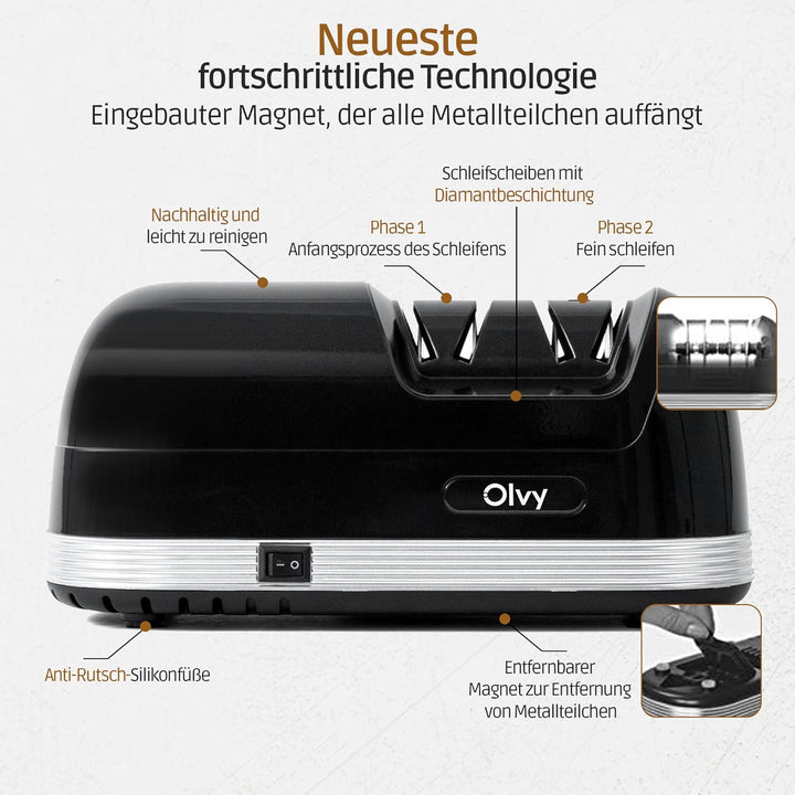 Olvy Elektrischer Messerschleifer, Profi-Diamant-Messerschärfer, Grob- und Feinschliff, Schnelle, Ra