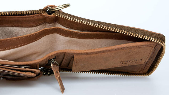 Born to be Wild Herren RFID Geldbörse aus Echtem Naturleder mit einem Skorpion und Metallkette