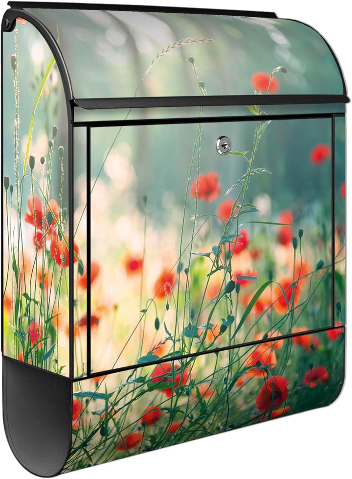 banjado® Design Briefkasten mit Motiv Waldmohn 39x47x14cm &amp; 2 Schlüssel - Briefkasten Stahl schwarz