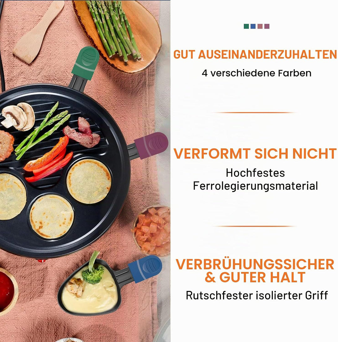 8er Set Raclette Pfännchen antihaftbeschichtet, Mini Grill Pfännchen Ersatz mit 8 Schaber und buntem