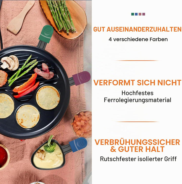 8er Set Raclette Pfännchen antihaftbeschichtet, Mini Grill Pfännchen Ersatz mit 8 Schaber und buntem