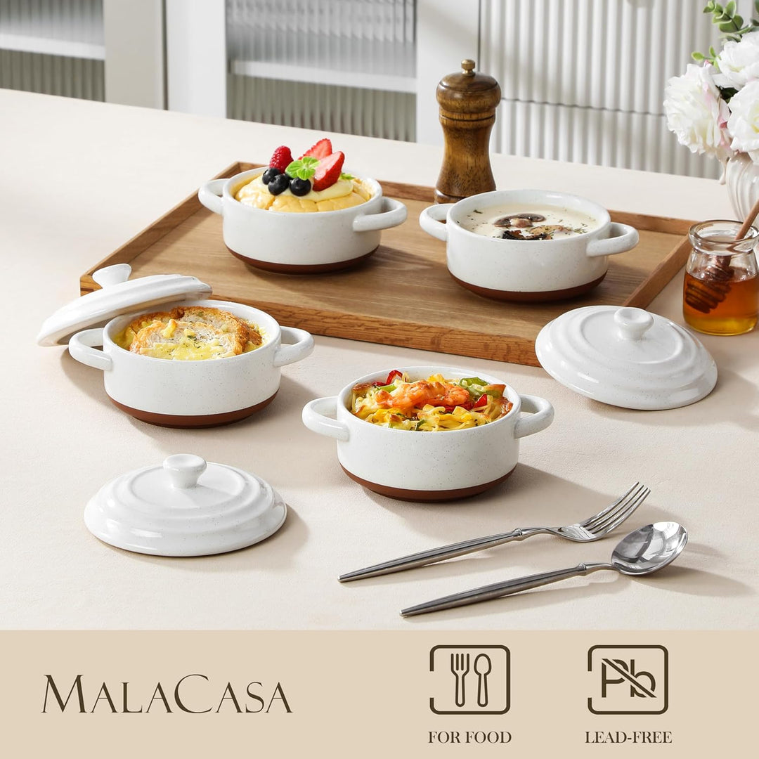 MALACASA Mini Cocotte Set 440 ml, 4 Stück Auflaufform Klein aus Steingut mit Deckel und Griffen, Kle