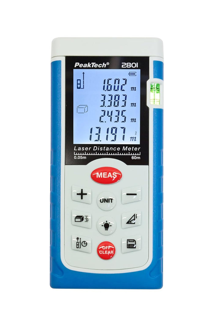 PeakTech Profi Laser- Entfernungsmessgerät 0,05M … 60 M - mit Beleuchteter LCD-Anzeige und Wasserwaa