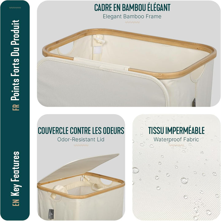 VOUNOT Wäschekorb mit Deckel 100L, Faltbarer Wäschesammler mit Herausnehmbar Wäschesäcke, Laundry Ba