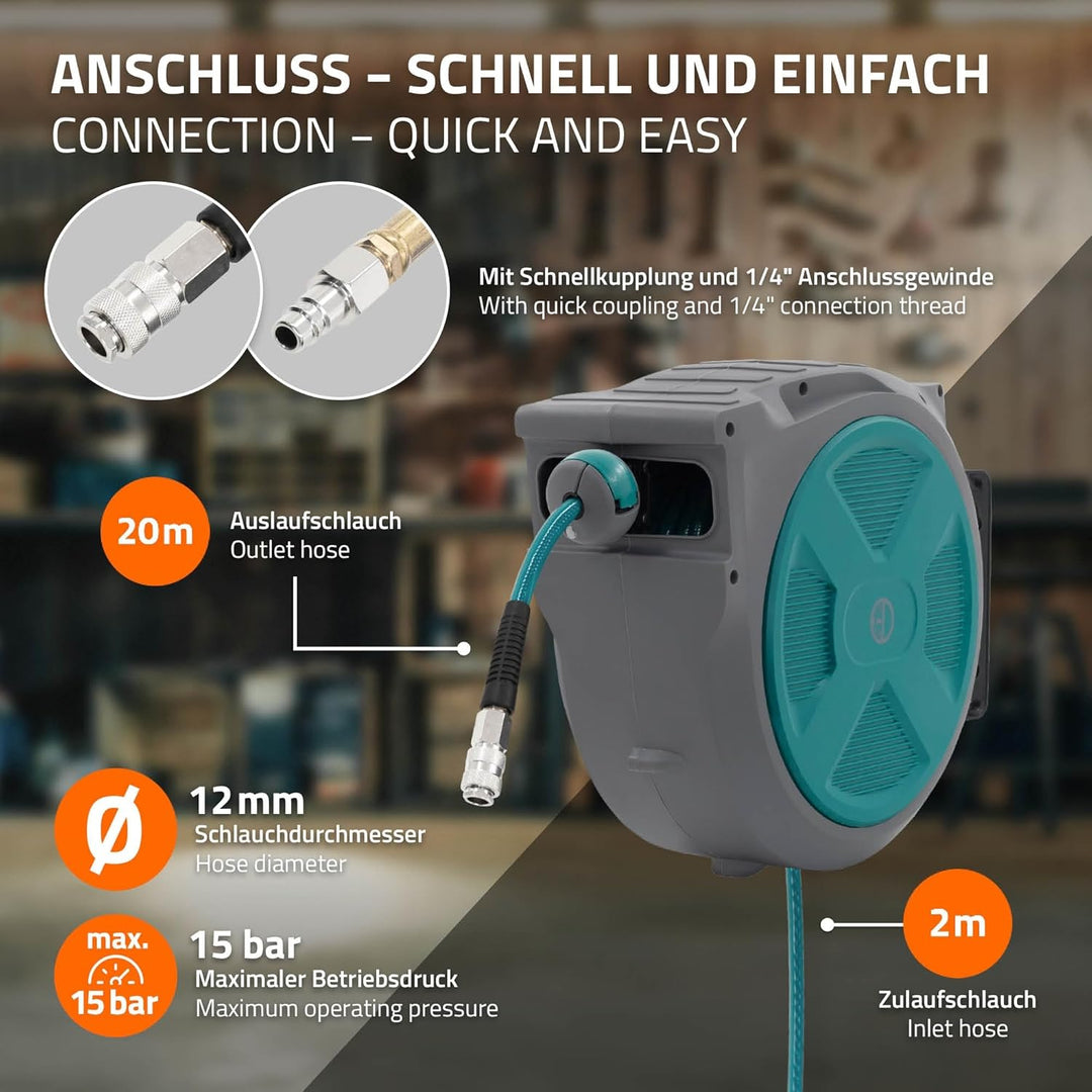 ECD Germany Druckluftschlauchtrommel 20m+2m, Automatischer Aufroller mit Arretierfunktion, 1/4" Ansc