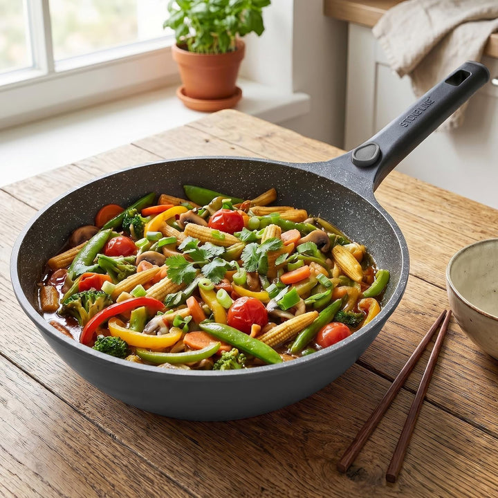 Stoneline Imagination Plus Wok 30 cm, mit Glasdeckel und abnehmbarem 3-Stufen-Sicherheitsgriff, Wokp