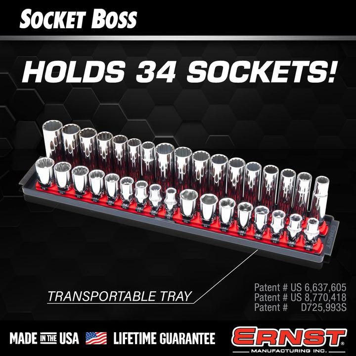 Ernst Manufacturing 8487 Socket Boss, Premium 2-läufig, 1/2"-Antrieb-Steckschlüssel-Organizer, 18 Zo