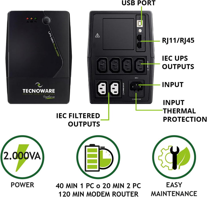 Tecnoware UPS 2000VA für PC/Modem, NICHT für Gaming/Konsole, ERA PLUS USV, 6 IEC, Software, Schutz v