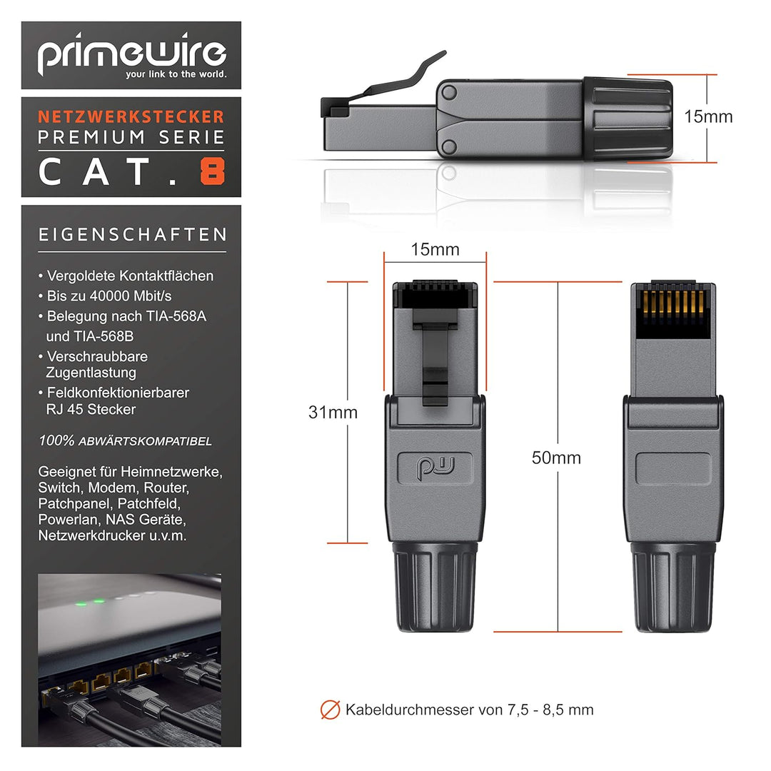 CSL - 8 x Netzwerkstecker feldkonfektionierbar RJ45 CAT 6 CAT 7 CAT 8 - geschirmt 40 GBit/s 2000 MHz