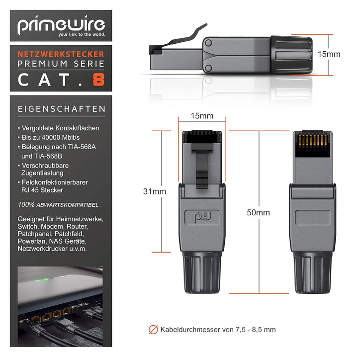 CSL - 8 x Netzwerkstecker feldkonfektionierbar RJ45 CAT 6 CAT 7 CAT 8 - geschirmt 40 GBit/s 2000 MHz