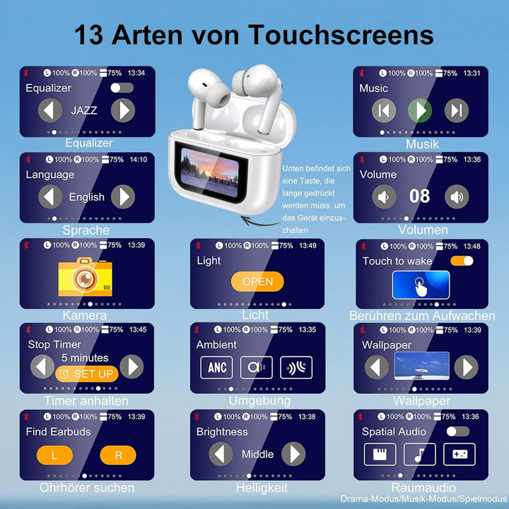 Bluetooth Kopfhörer, LED Full Color Touch Screen Wireless Earbuds, Weiss | Bluetooth 5.4, ANC+ENC No