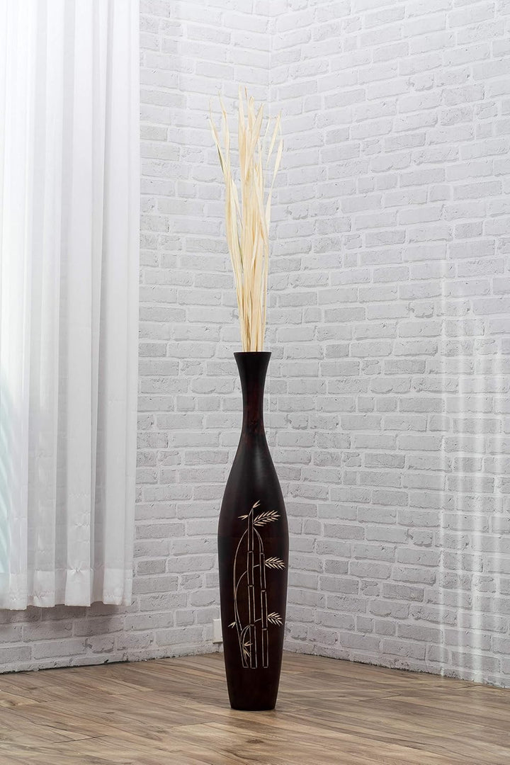 Leewadee Grosse Bodenvase für Dekozweige hohe Standvase Design Holzvase, Holz, 90 cm, Braun, 90 cm