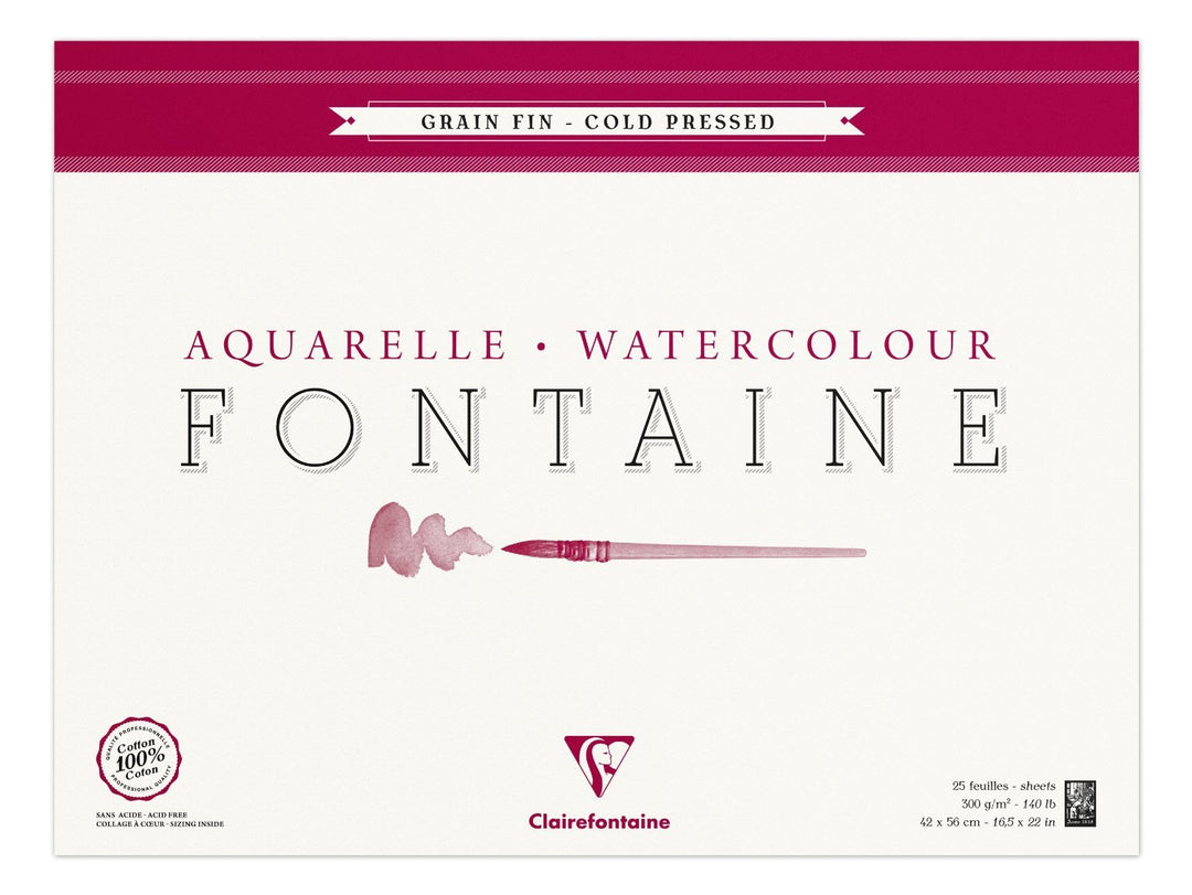 Clairefontaine 96417C Malblock, 4-seitig verleimt Aquarellpapier Feinkörnig, Fontaine/Hadern, 42 x 5