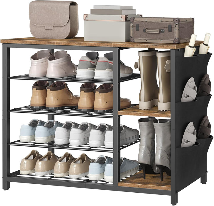 Schuhregal schmal und hoch, Schuhregal 5 Ebenen im Industriestil mit Seitentaschen, Holzoptik-Ablage