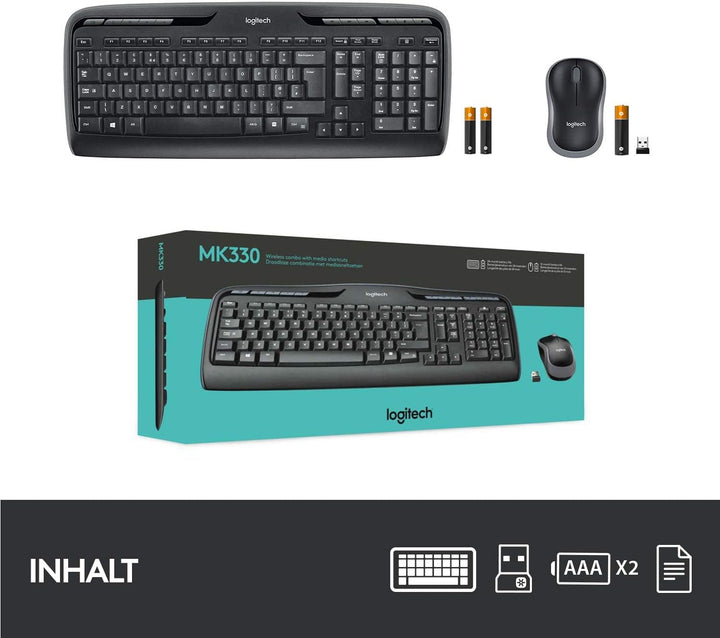 Logitech MK330 Kabelloses Tastatur-Maus-Set, 2.4 GHz Verbindung via USB-Empfänger, 4 programmierbare