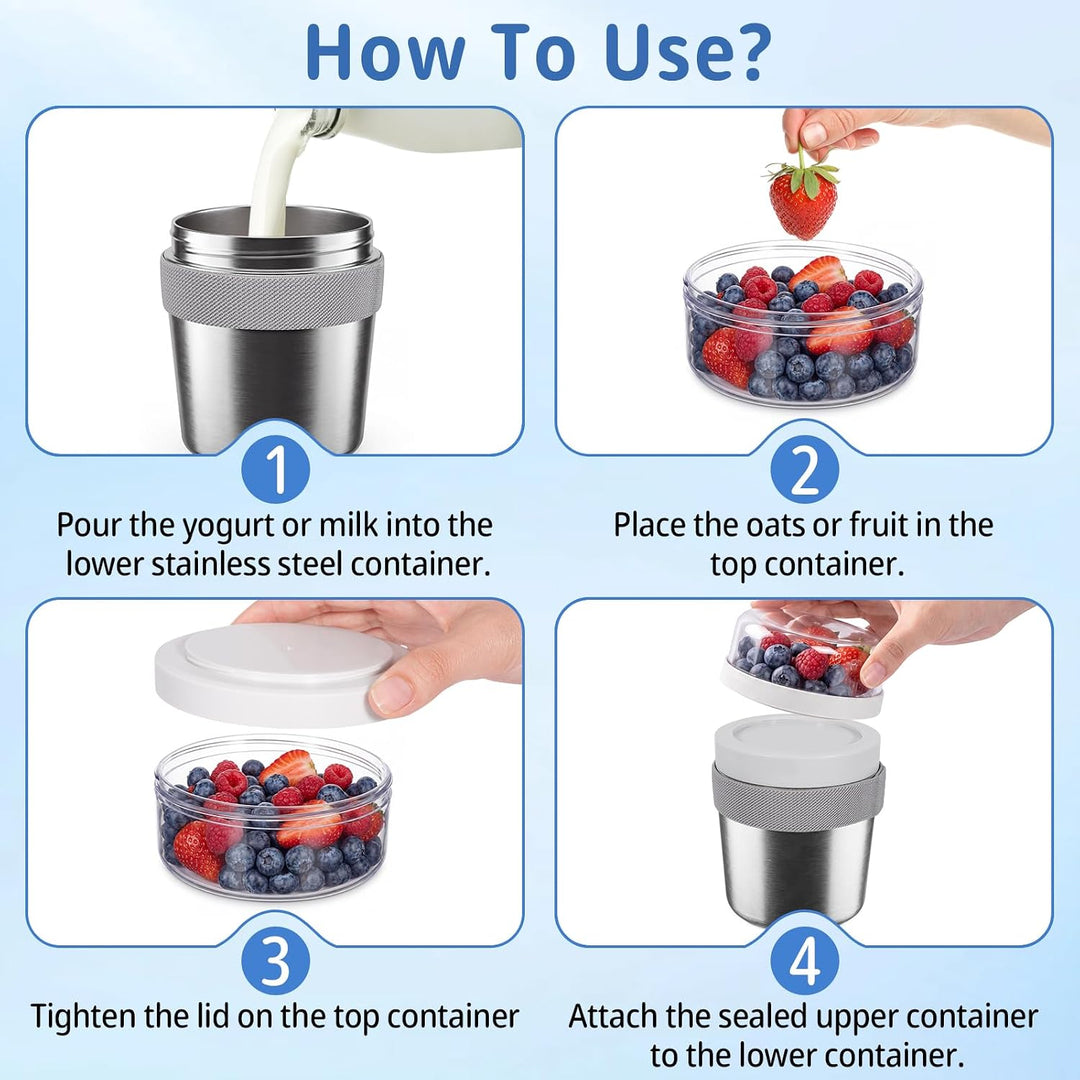 Cereal Cup to Go Stainless Steel, Cereal Cup to Go | Insulated Stainless Steel Yoghurt Cup, Leak Pro