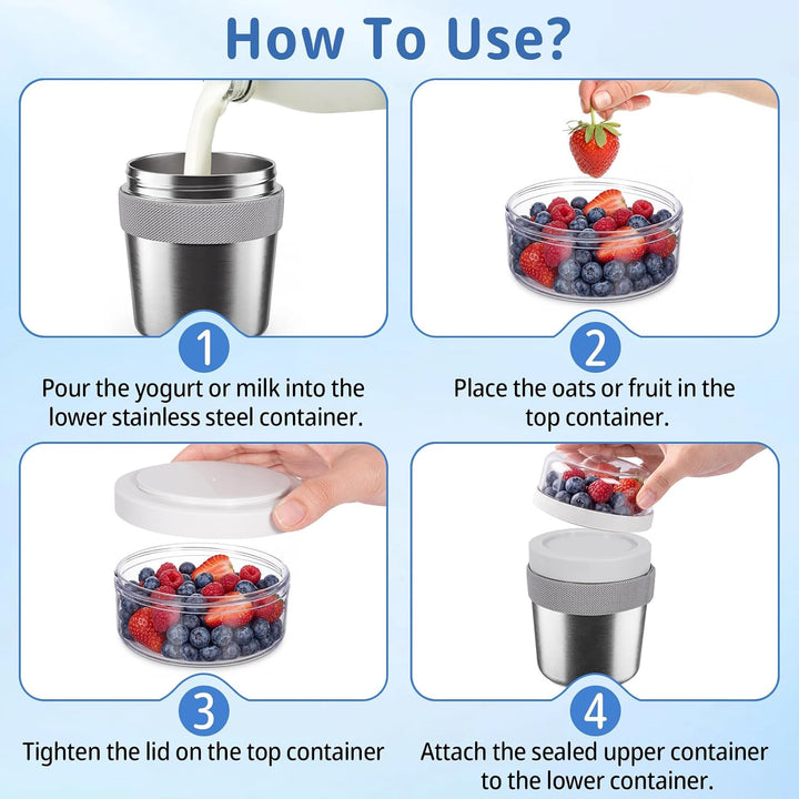 Cereal Cup to Go Stainless Steel, Cereal Cup to Go | Insulated Stainless Steel Yoghurt Cup, Leak Pro