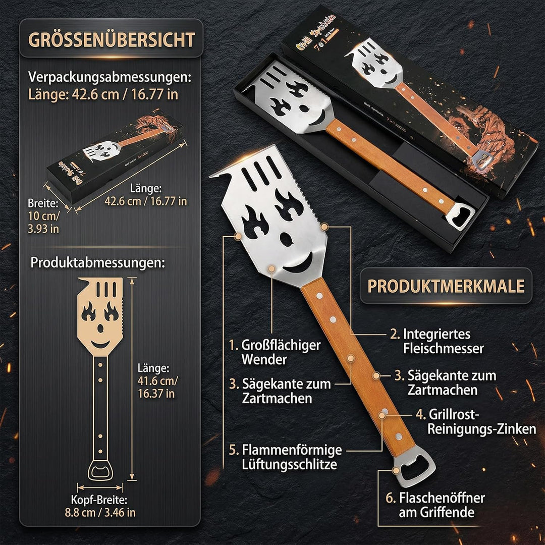 7 in 1 grillspachtel für Barbecue Grill Multifunktion Grillbesteck mit Holzgriff Geschenke für Männe