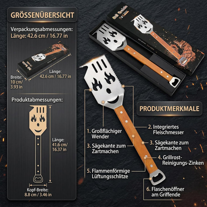 7 in 1 grillspachtel für Barbecue Grill Multifunktion Grillbesteck mit Holzgriff Geschenke für Männe