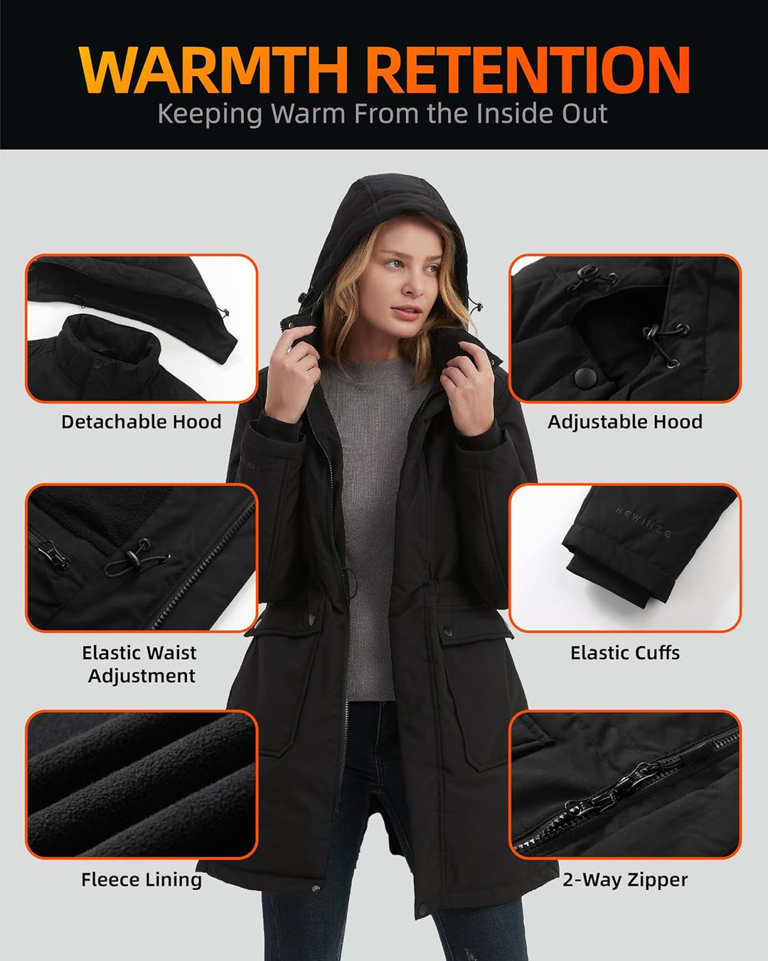 HEWINZE Beheizter Puffermantel mit Kapuze für Damen – Elektrische Dual-Control-Heizjacke mit 7,4-V-A